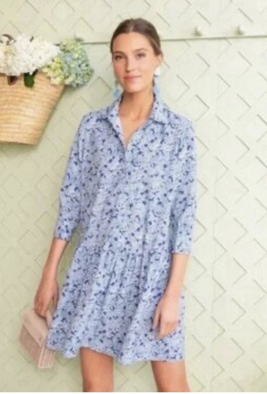 Tuckernuck Hayes Blue Hydrangea Drop Waist Shirt Dress Size XXS Preppy Cottage